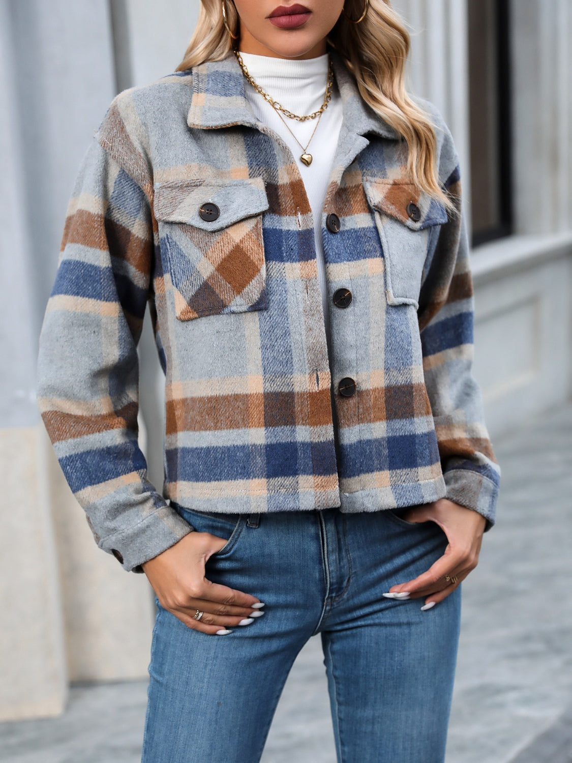 Plaid Button Up Jacket with Pockets