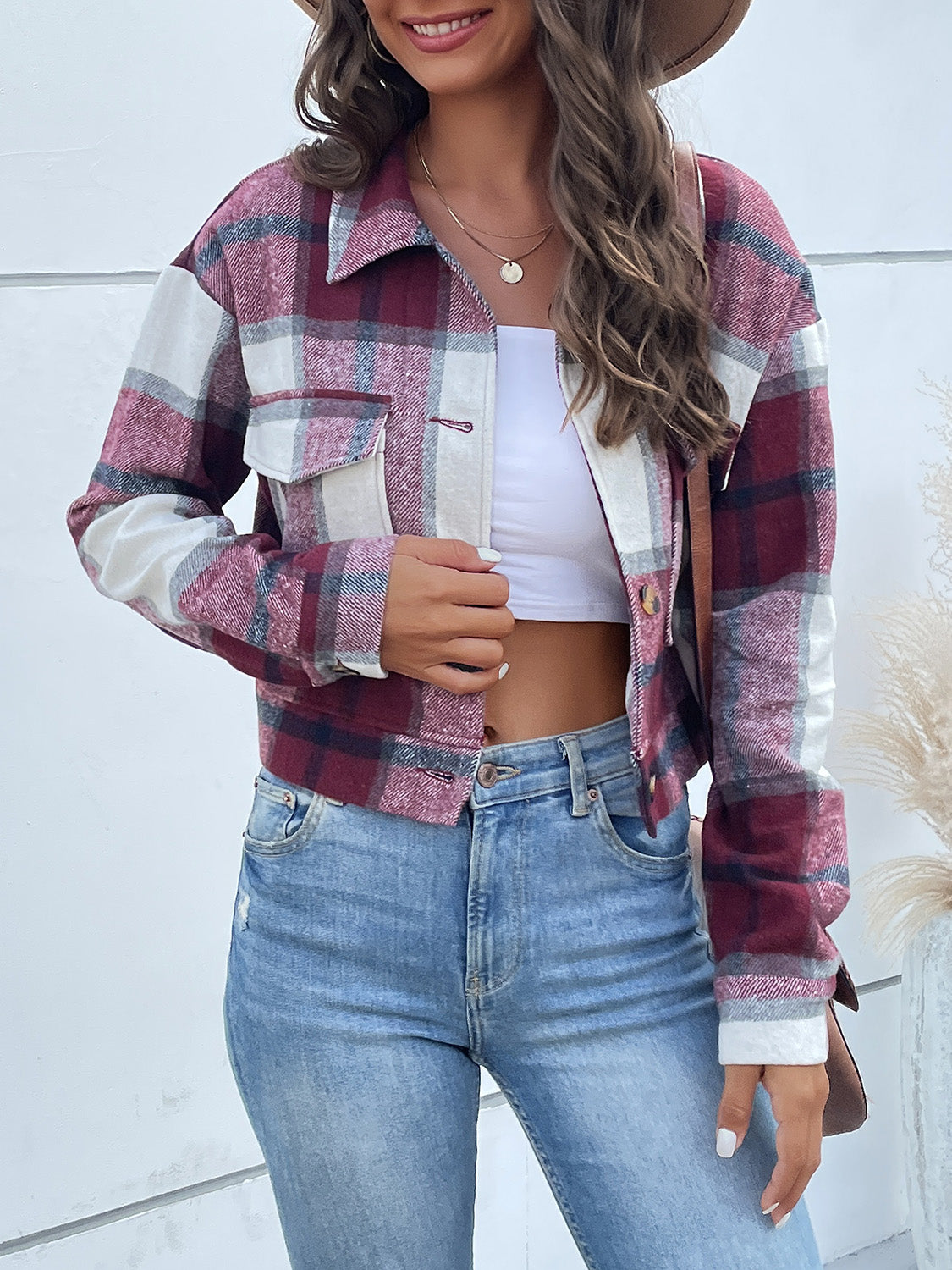 Plaid Button Up Drop Shoulder Cropped Jacket