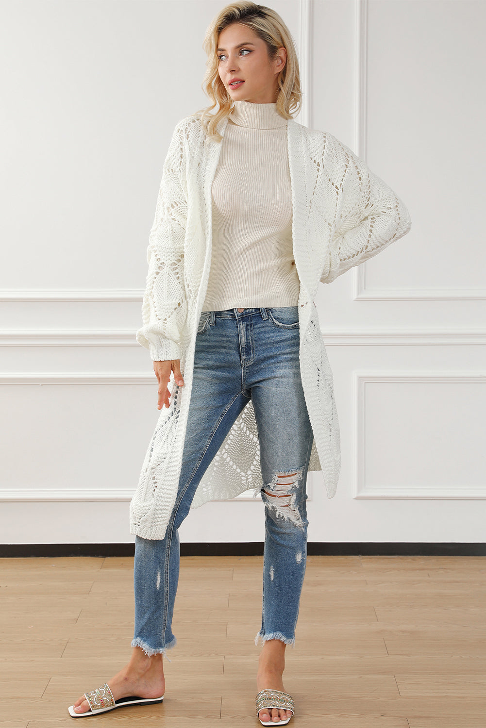 Openwork Open Front Dropped Shoulder Cardigan