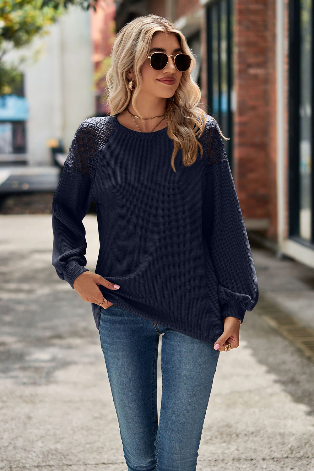 Round Neck Dropped Shoulder Eyelet Top