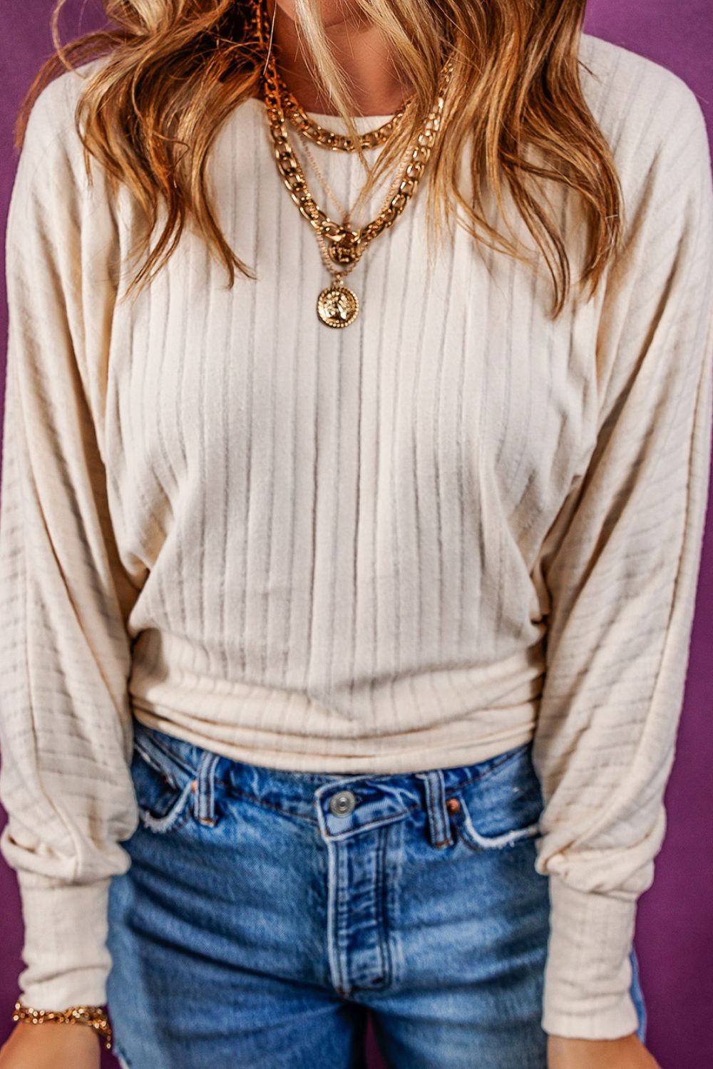 Ribbed Round Neck Long Sleeve Blouse