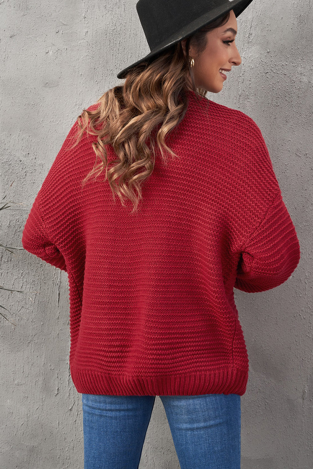 Waffle-Knit Open Front Dropped Shoulder Sweater