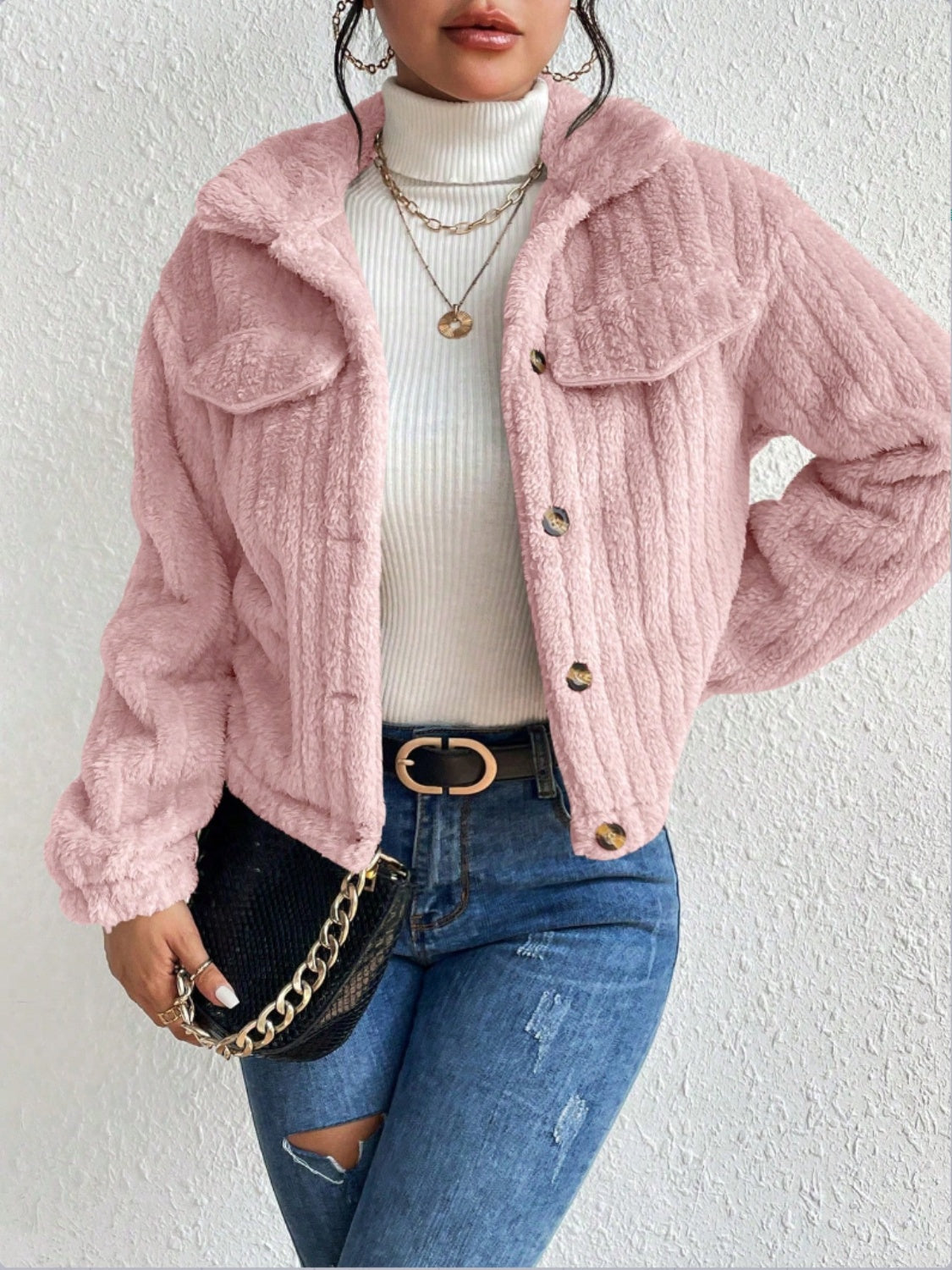 Fuzzy Button Up Collared Neck Jacket