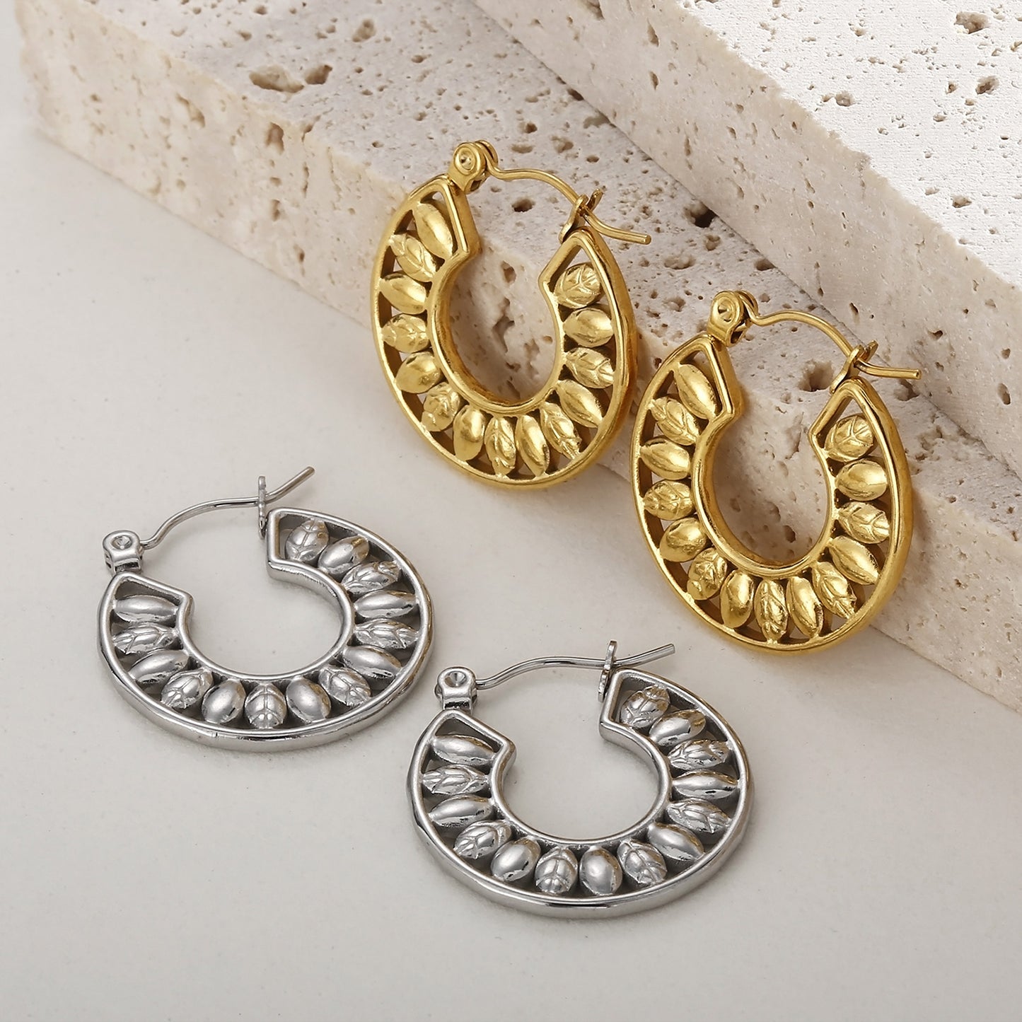 Stainless Steel Cutout Leaf Shape Huggie Earrings