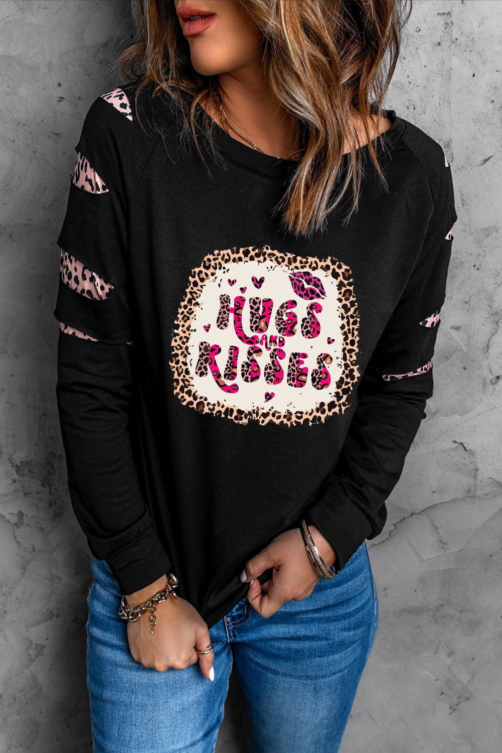 HUGS AND KISSES Leopard Round Neck Sweatshirt