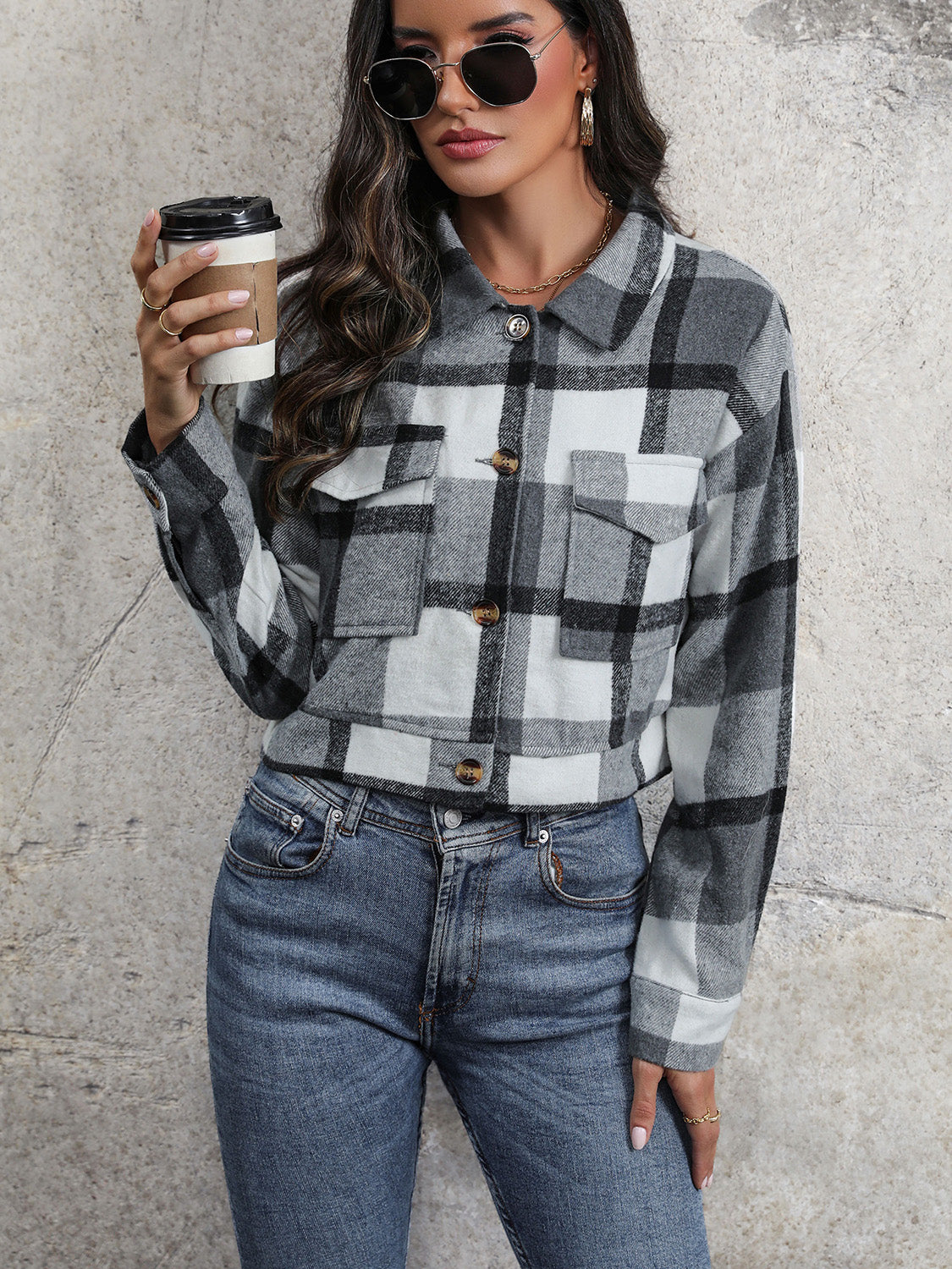 Plaid Button Up Drop Shoulder Cropped Jacket